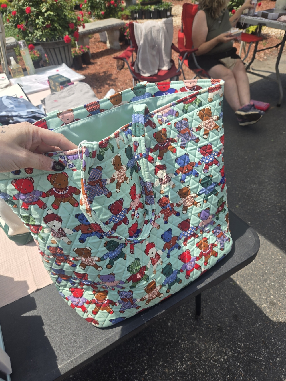 Quilted Teddy Bear Print Tote Bag - Mint